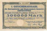 Deutschland Deutsches Reich 500.000 Mark Notgeldschein Hannover Überlandwerke und Strassenbahnen AG -