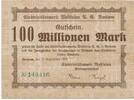 Deutschland Deutsches Reich 100 Millionen Mark Notgeldschein Bochum Elektricitätswerk Westfalen -