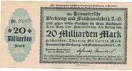 Deutschland Deutsches Reich 20 Milliarden Mark Notgeldschein Notgeld Hannover Hannoversche Werkzeug- und Maschinenfabrik A.-G. -