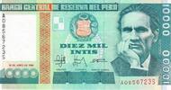 Peru 10000 Intis Banknote Geldscheine -