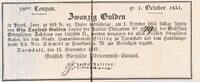 Altdeutschland Deutschland 20 Gulden , Zinsbeleg, Gräflich Görtzische Fideicommis-Curatel , Darmstadt Zinsdarlehenschein , 1837 -