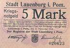 Deutschland Deutsches Reich 5 Mark Notgeldschein Notgeld Stadt Lauenberg i. Pommern -