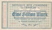 Deutschland Deutsches Reich 1 Billion Mark Notgeldschein Notgeld Gemeinde Flörsheim am Main, Hessen-Nassau -