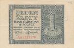 Deutschland Drittes Reich Polen 1 Zloty Zlotych 1941 Serie: AA, Emissionsbanknote VF , gelocht