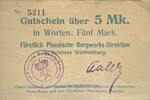 5 Mark, Gutschein kein Datum Deutschland, Deutsches Reich Waldenburg, Niederschlesien, Fürstlich Plessiche Bergwerk-Direktion zu Schloss II-