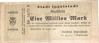 Deutschland Deutsches Reich 1 Million Mark Notgeldschein Notgeld Ingolstadt Bayern 1 Schein -