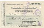 Duisburg 500000 Mark Schaaffhausen`scher Bankverein Scheck Nr.08702, gelocht, Druck einseitig -