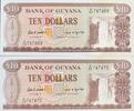 Guyana 10 Dollars zwei folgende Seriennummer, A/20 747469-70, Banknote -