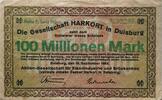 Deutschland Deutsches Reich 100 Mio. Mark Notgeld GESELLSCHAFT HARKORT IN DUISBURG -