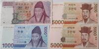2*1000, 2*5000 Won 1983, 2006, 2007 Südkorea 4x Banknoten lot fast I bis II