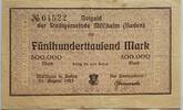 Deutschland, Deutsches Reich 500000 Mark Grossnotgeld, Mülheim in Baden, Baden-Württemberg, Stadtgemeinde -