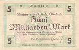 Kaiserreich Deutsches Reich Deutschland Baden 5 Milliarden Mark Großgeldschein, Gutschein der Stadt Stockach -