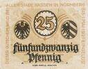 Deutschland, Deutsches Reich 25 Pfennig 1 x Notgeldschein, Gutschein der Stadt Nürnberg, Bayern -