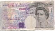 20 Pounds (1990-1993) Großbritannien M. Faraday Sig. Kentfield V, stark gebraucht, Risse. Belegstück