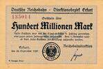 Deutsches Reich Deutschland Reichsbahn 100 Millionen Mark Großgeldschein, Bayern Erfurt -