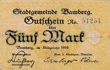Deutsches Reich Deutschland Bayern 5 Mark Notgeldschein Stadt Bamberg -