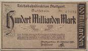 Deutschland Deutsches Reich 100 Milliarden Mark Großnotgeld, Reichsbahndirektion Stuttgart, Baden Württemberg, Reihe 1 -