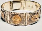 Silberschmuck 925er Silber Vintage Taxco Sterling Panel Armband mit goldenen Figuren -