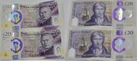 Großbritannien 2x 20 Pounds König Charles III. , folgende Seriennummern, Polymer -