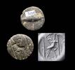 Ancient art Large West Mesopotamian stamp seal w Capride struck by spears! -