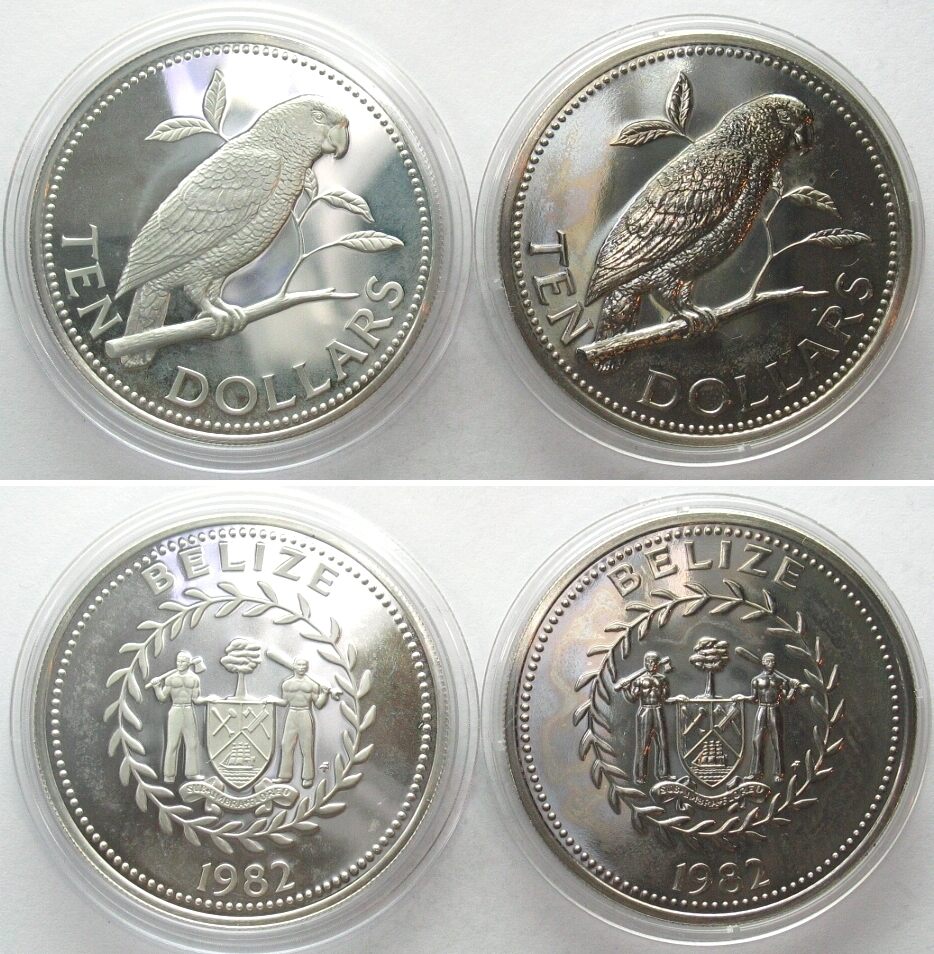 Belize 10 Dollars 1982 Fm Amazon Parrot Cu-ni Prooflike & Silver Proof 