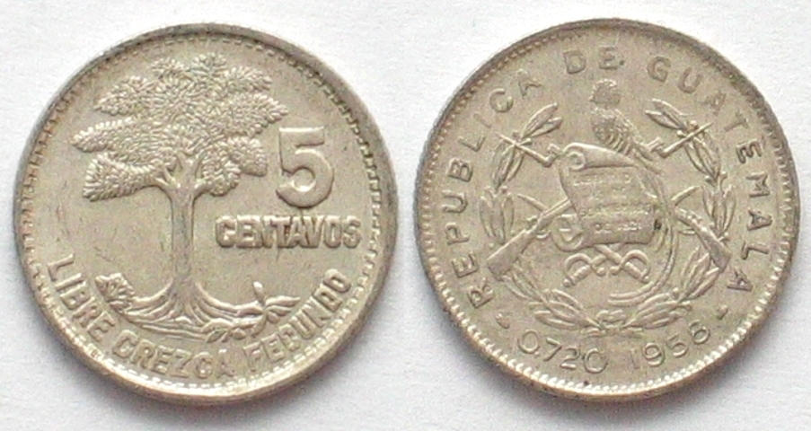 GUATEMALA 5 Centavos 1958 silver AU! | MA-Shops