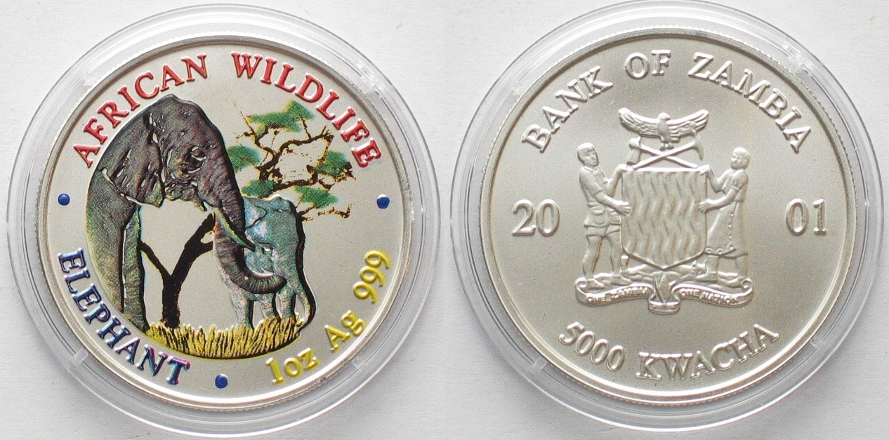 Sambia ZAMBIA 5000 Kwacha 2001 Elephants AFRICAN WILDLIFE Silver 1oz ...