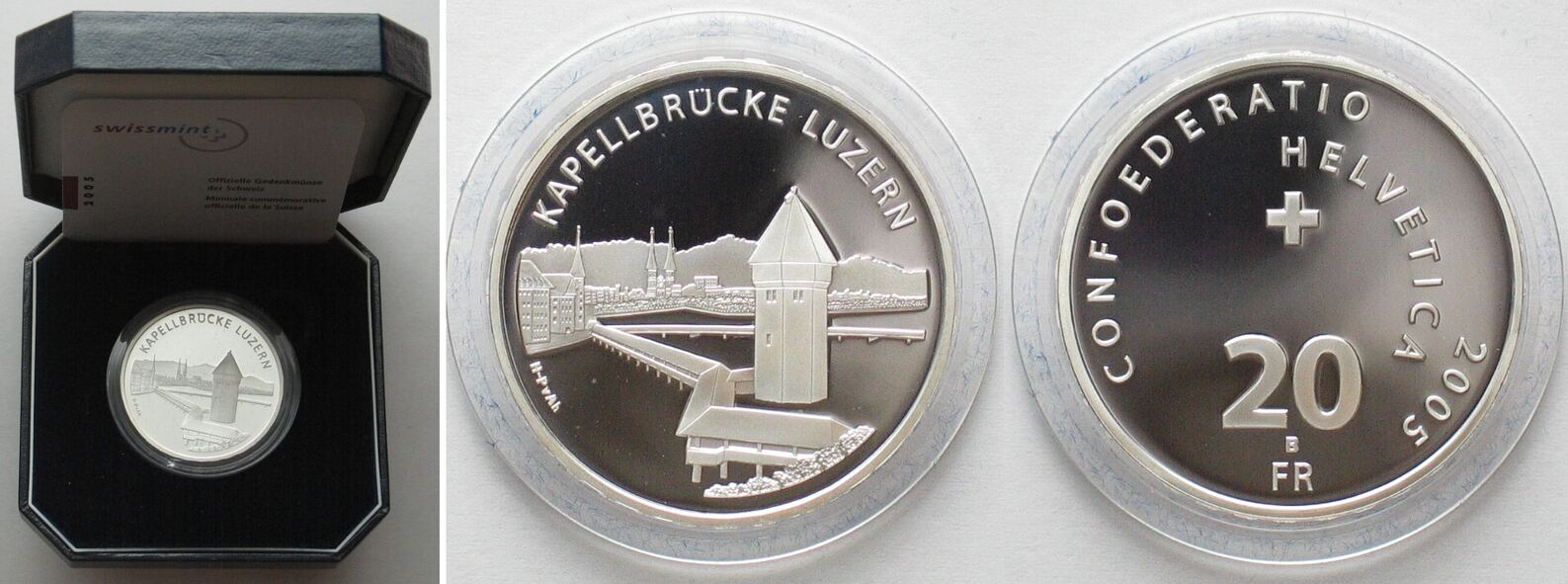 Schweiz SWITZERLAND 20 Francs 2005 BRIDGE IN LUZERN Silver Proof ...