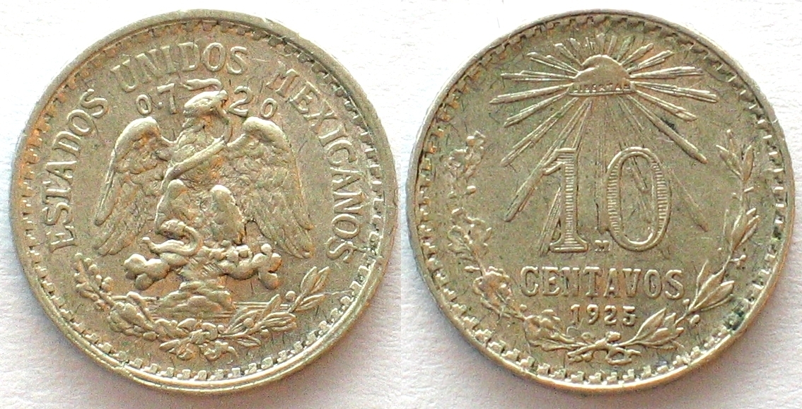 Mexiko MEXICO. 10 Centavos 1925 3 scarce overdate silver UNC