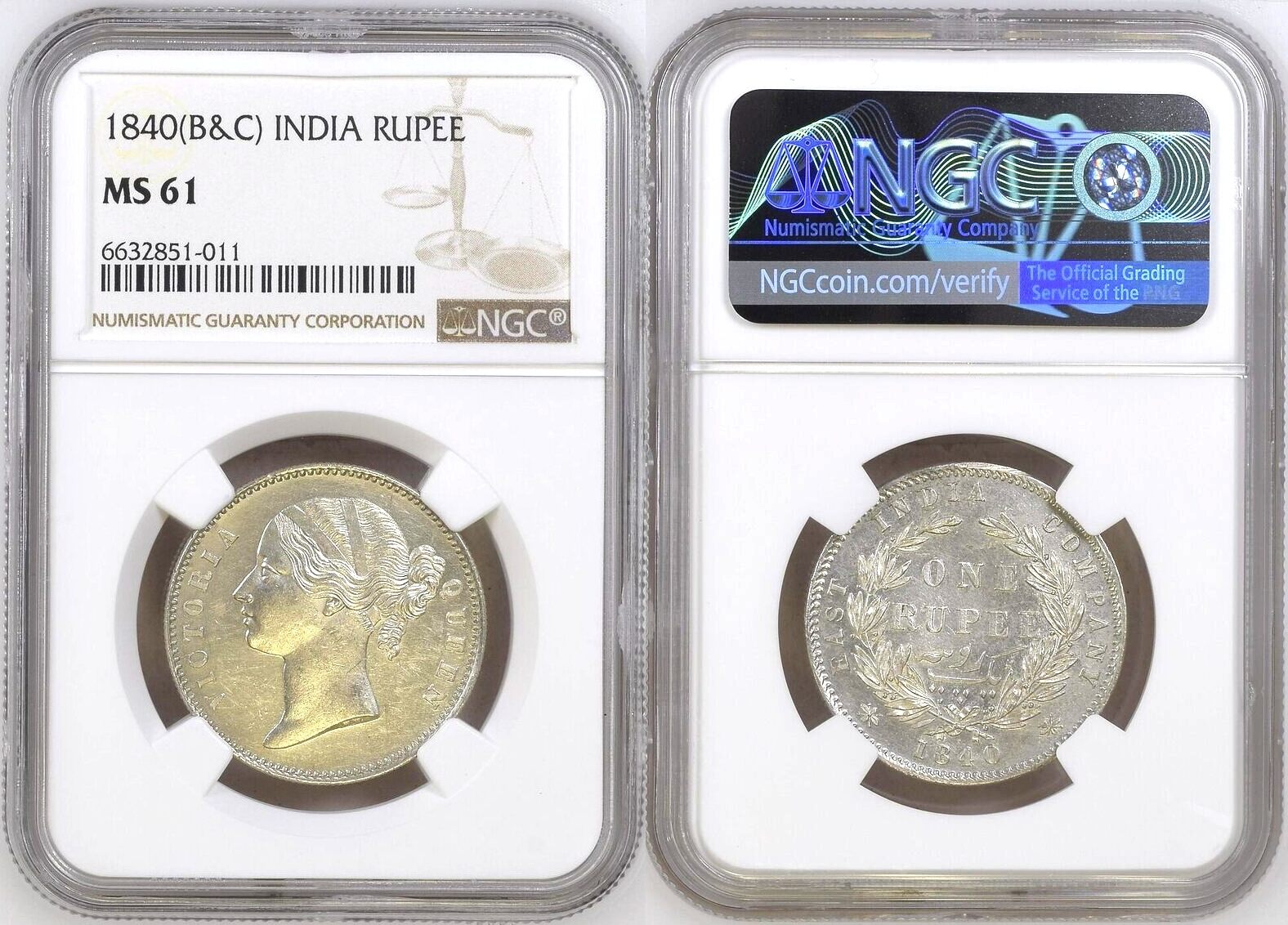 1840(B&C) BRITISH INDIA Rupee 1840 VICTORIA Silver NGC MS 61 | MA-Shops