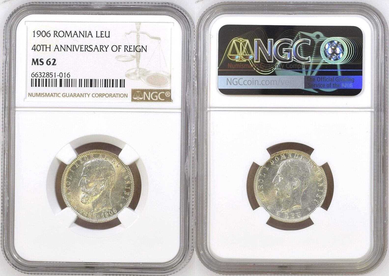 Romania. 1 Leu 1906, 40th Anniversary - Reign Of Carol I, Silver, Ngc 