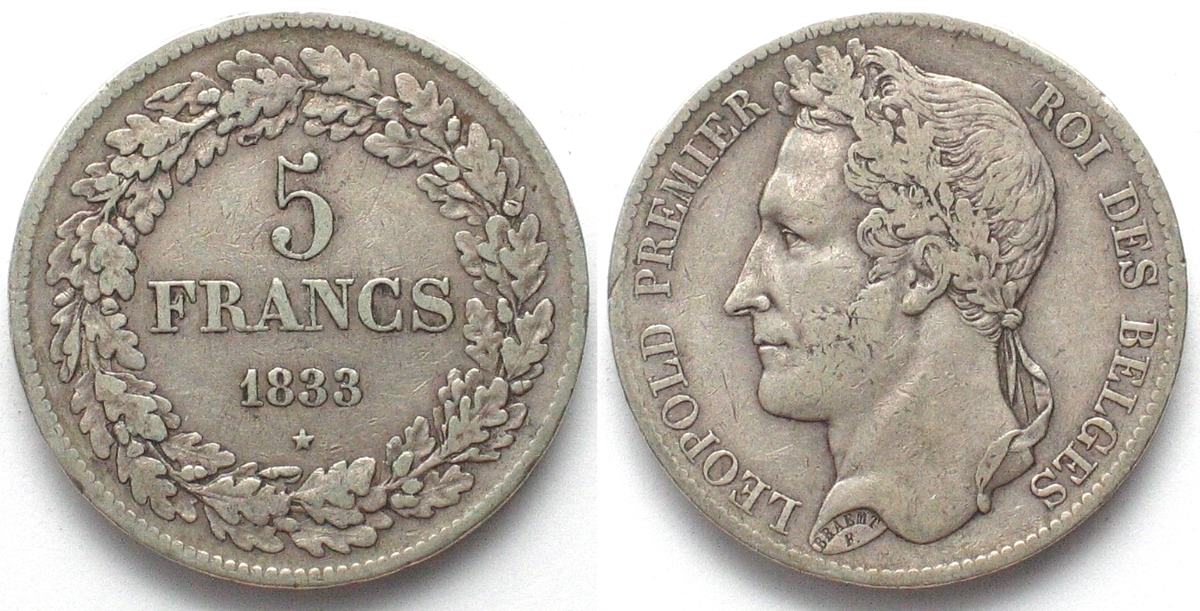 Belgien BELGIUM 5 Francs 1833 LEOPOLD I Pos. B Silver VF+ SCARCE! | MA ...