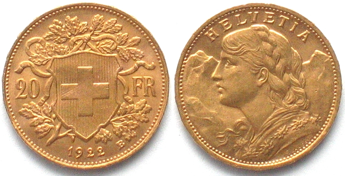 Schweiz SWITZERLAND 20 Francs 1922 B VRENELI Gold BU!!! | MA-Shops