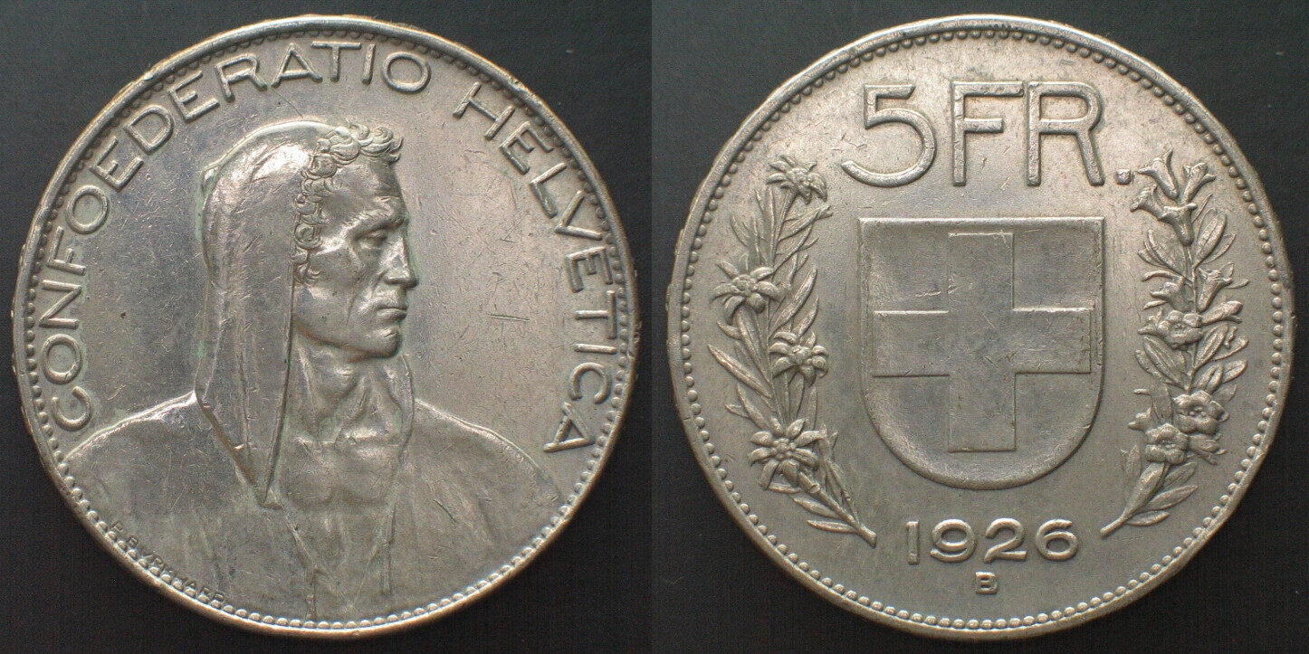 Schweiz SWITZERLAND 5 Francs 1926 B Silver SCARCE! AU! EF+ | MA-Shops