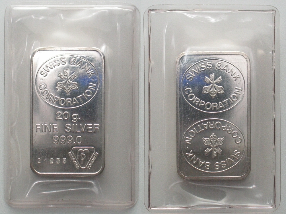 Ingots / Barren Switzerland. MP. 20g Fine Silver 999,0 SWISS BANK ...