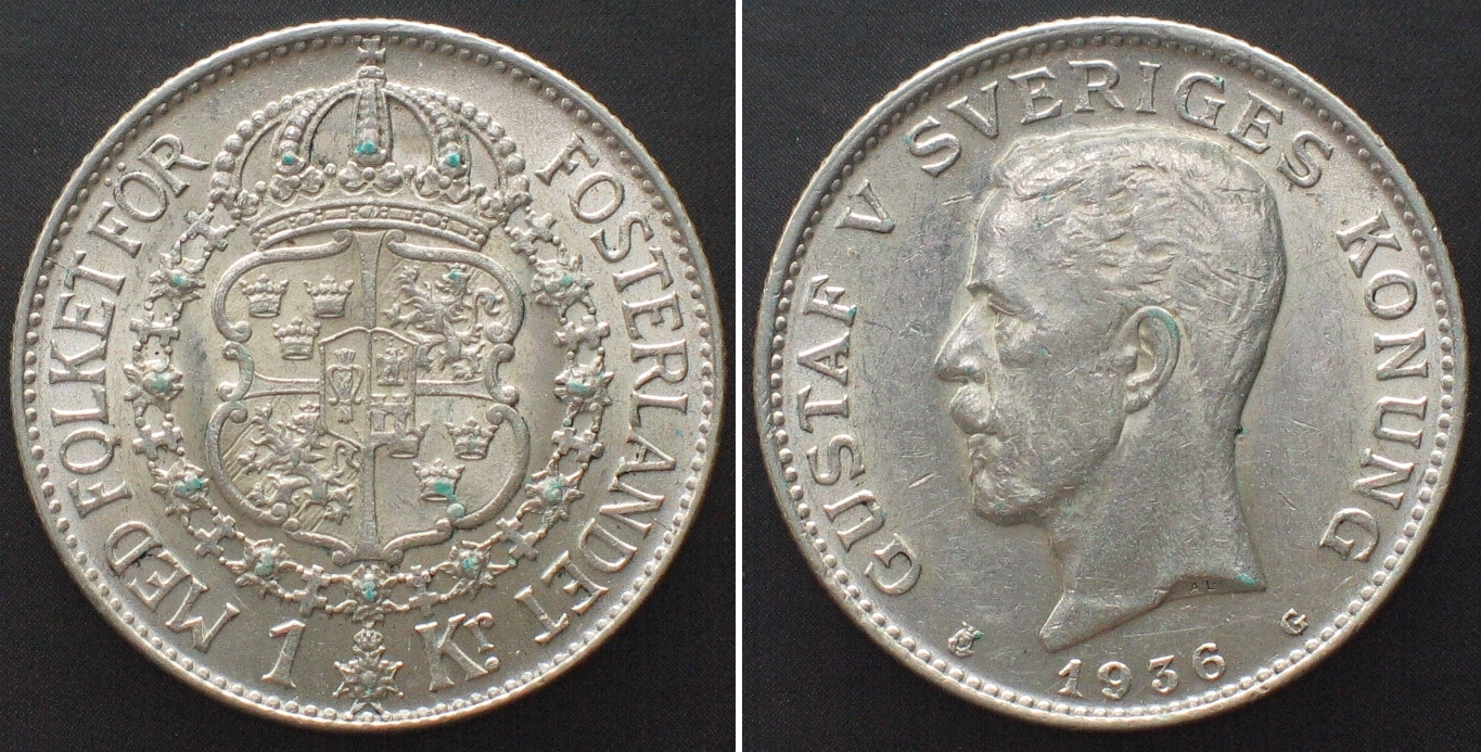 Schweden Sweden 1 Krona 1936 Gustaf V Silver Unc Bu!!! 