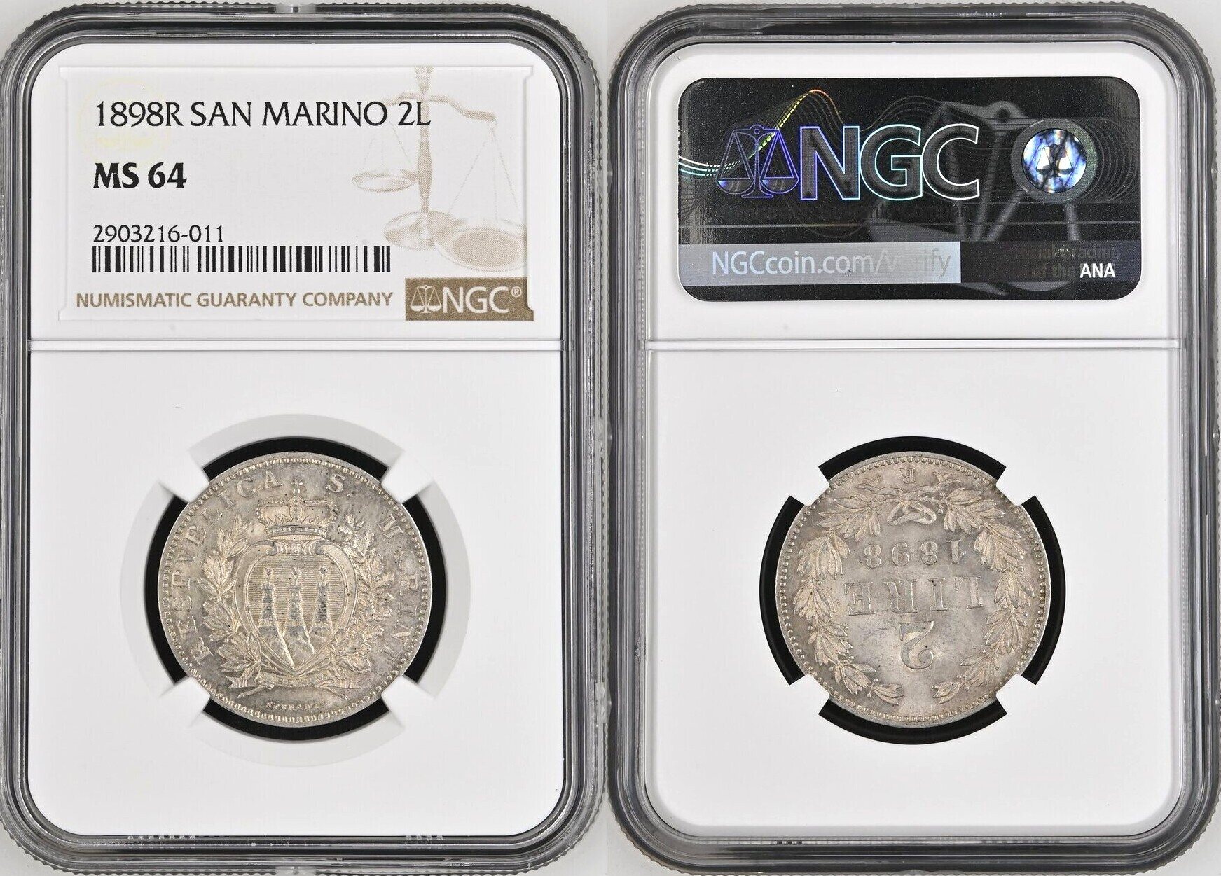1898年サンマリノ 2リラ 銀貨 1898年サンマリノ 2リラ 銀貨 2L 1898R SAN MARINO. 2 Lire 1898