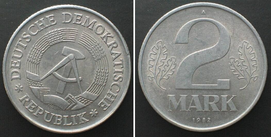 Deutschland - DDR GERMAN DEMOCRATIC REPUBLIC 2 Mark 1982 A Alu DIE ROTATION  MINT ERROR AU