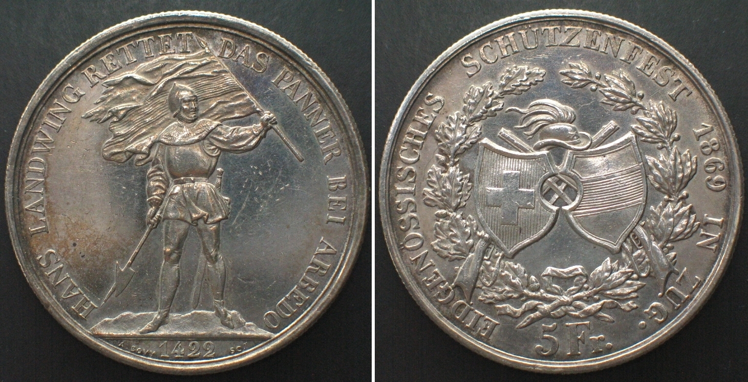 Schweiz - Schützentaler Swiss ZUG 5 Francs 1869 SHOOTING