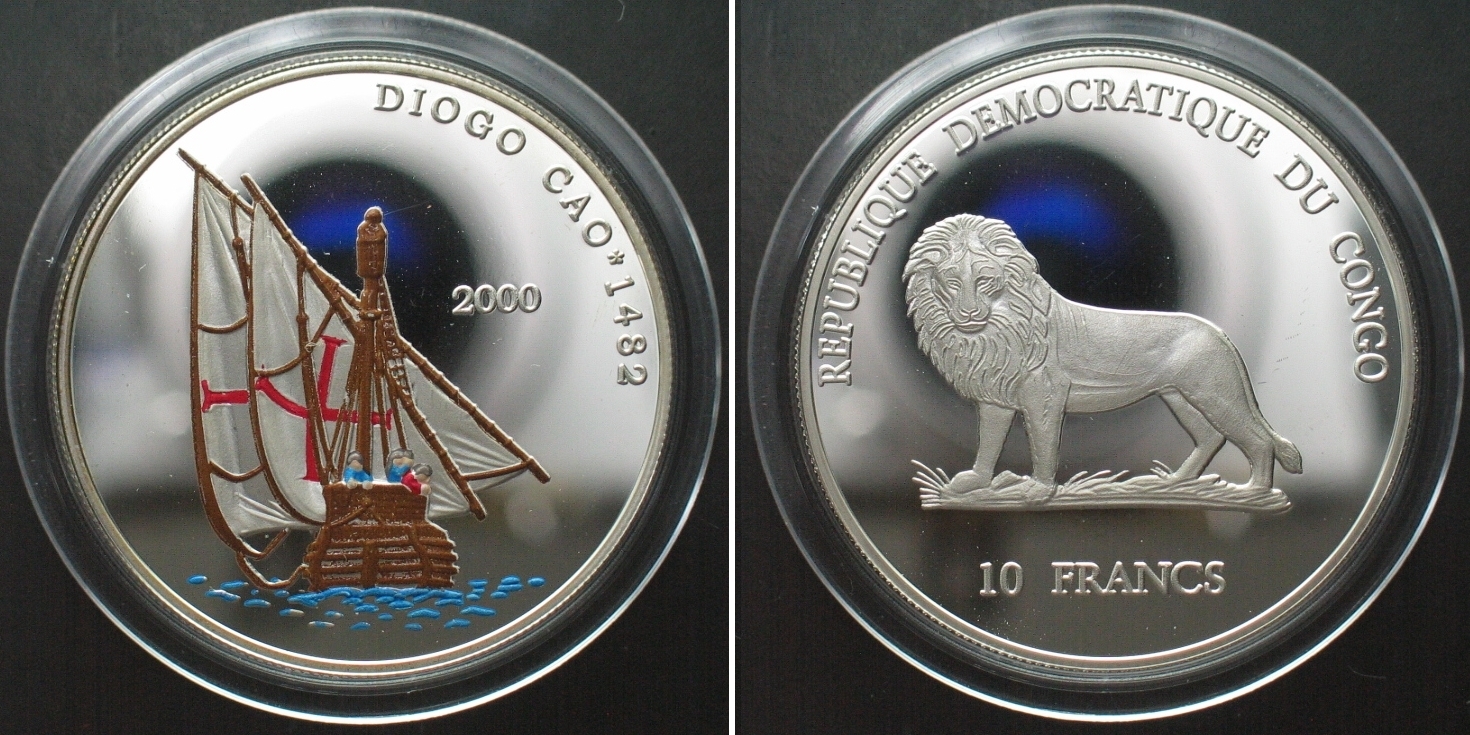 Kongo - Kinshasa CONGO 10 Francs 2000 DIOGO CAO silver COLORED Proof ...