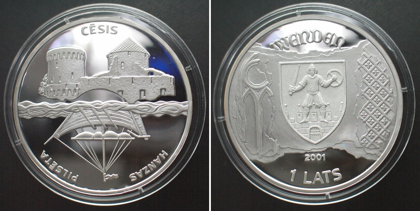 Lettland LATVIA 1 Lats 2001 Cesis / Wenden HANSA CITIES silver Proof ...