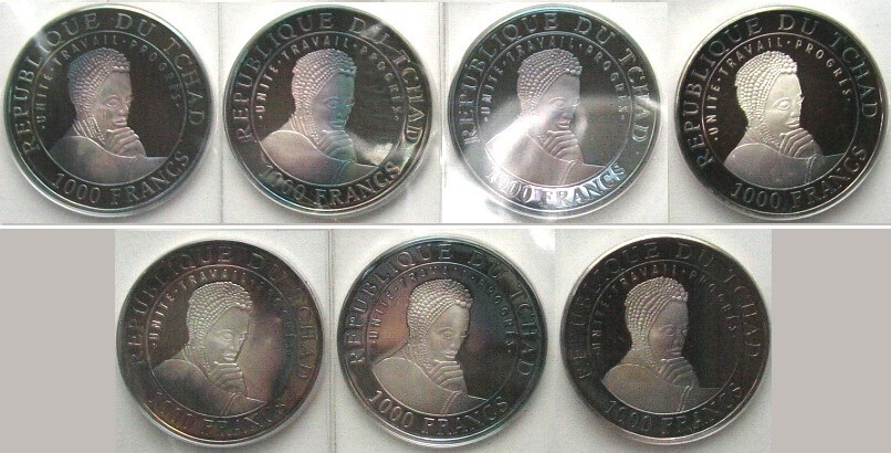 Tschad CHAD 7 X 1000 Francs 1999 Complete Set FORGOTTEN CULTURES Silver