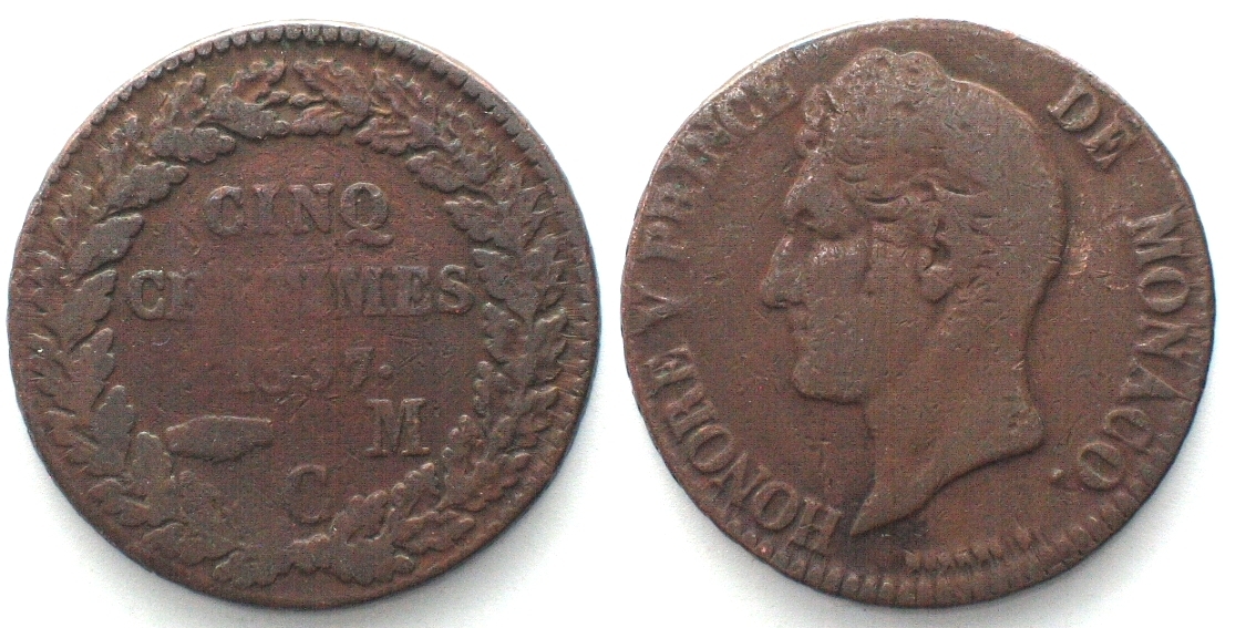 Monnaie Monaco 5 Centimes 1837 Honoré V - Petite Tête, Cuivre KM.95.2a