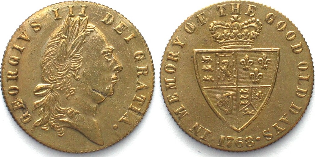 1768 British Tokens 1768 GEORGE III SPADE GUINEA BRASS TOKEN (ca.1830) GOOD OLD DAYS 26mm UNC# 14589 UNC
