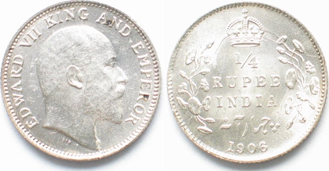 Indien Britisch British India 1 4 Rupee 1906 Edward Vii Silver Unc 