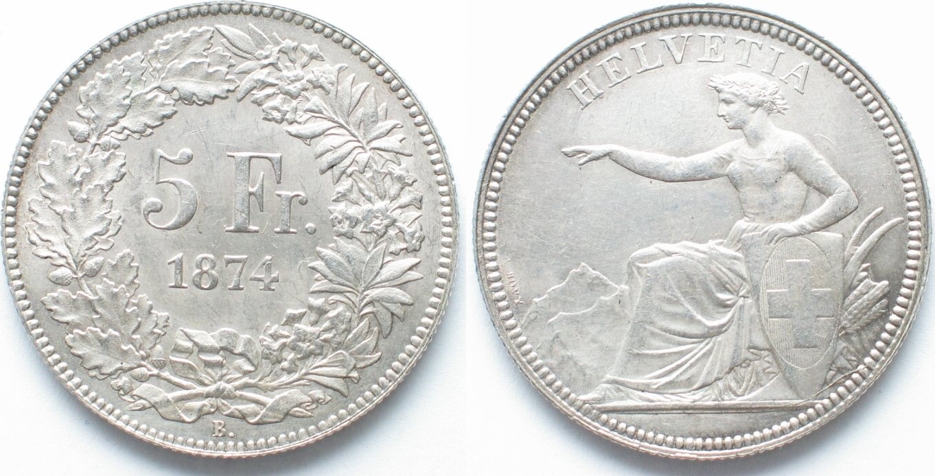 Schweiz 5F 1874B SWITZERLAND 5 Francs 1874 B. SEATED HELVETIA Silver ...