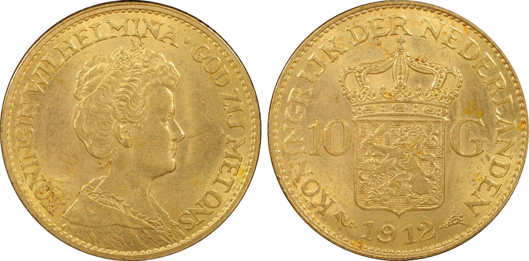 NETHERLANDS 10 Gulden 1912 WILHELMINA gold BU!!! PCGS MS63 | MA-Shops