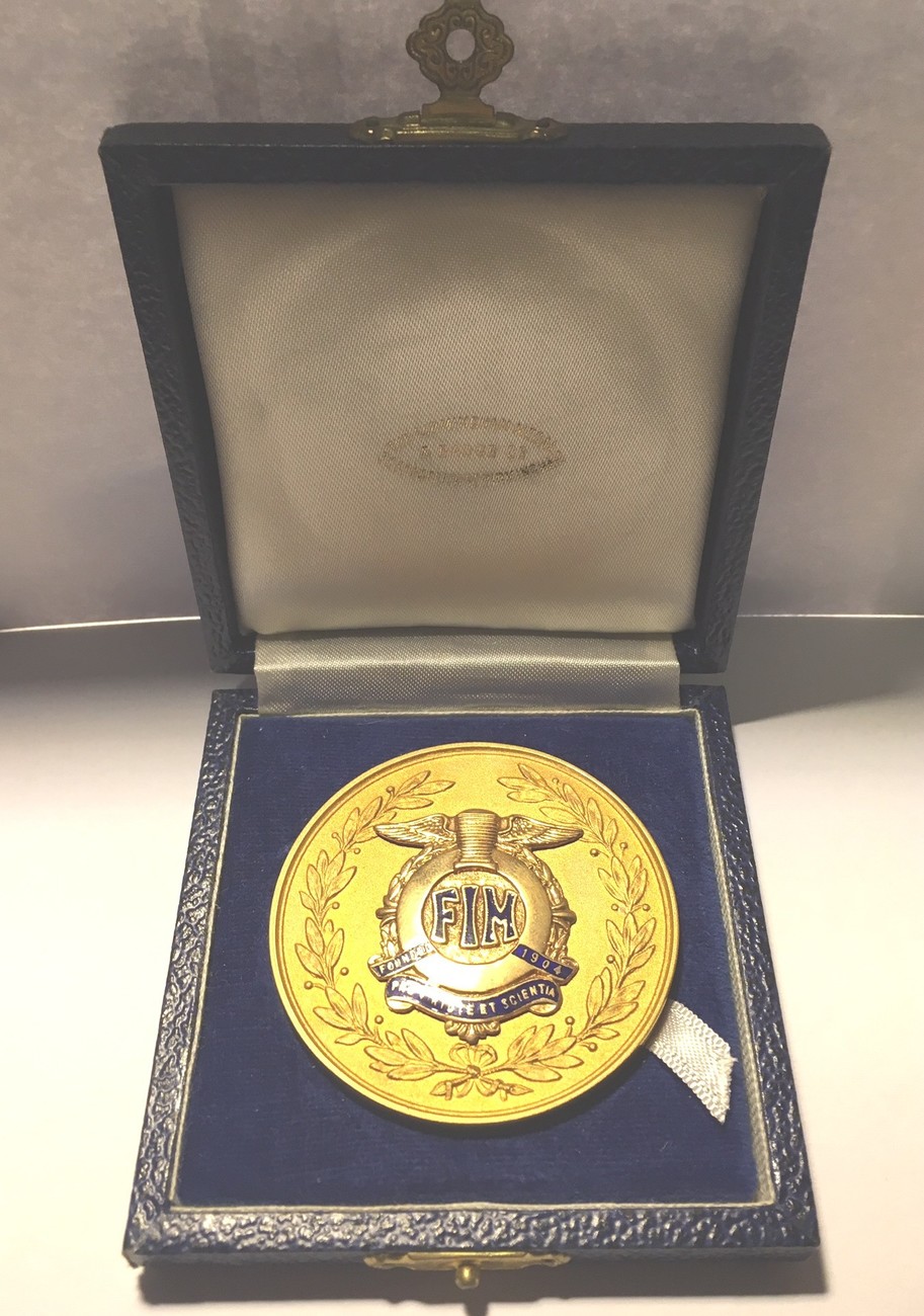 British Medals FIM GOLD MEDAL c.1960 Bronze gilt enamel in original Box ...