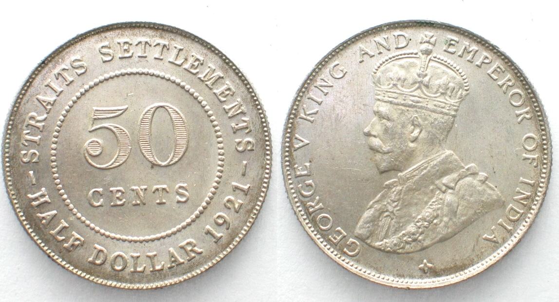 STRAITS SETTLEMENTS 50 Cents 1921 GEORGE V silver UNC! | MA-Shops