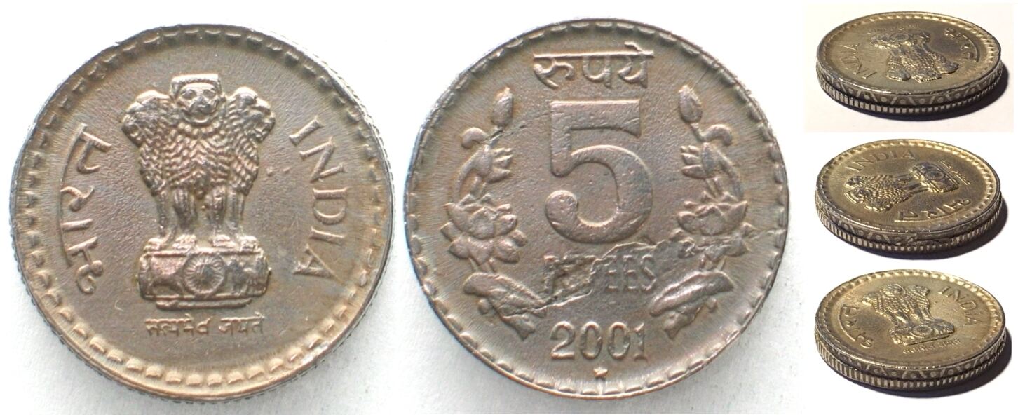 Indien India 5 Rupees 2001 Hyderabad Mint - Mint Error - Cu-ni Vf-xf Vf 